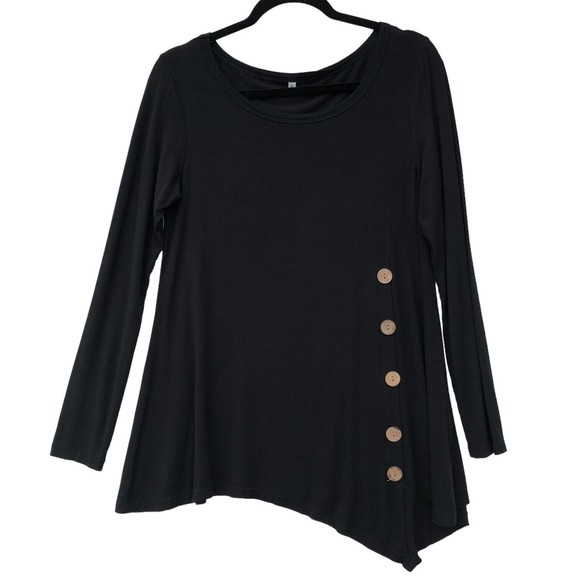 Black Long Sleeves Knit Top Size M Wooden Buttons Longline Asymmetric Hem Rayon - Picture 1 of 6